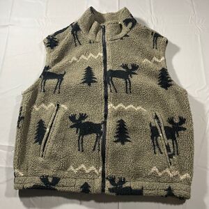 VTG True Grit Sherpa Fleece Moose & Trees Full Zip Vest Mens L Pockets Outdoors
